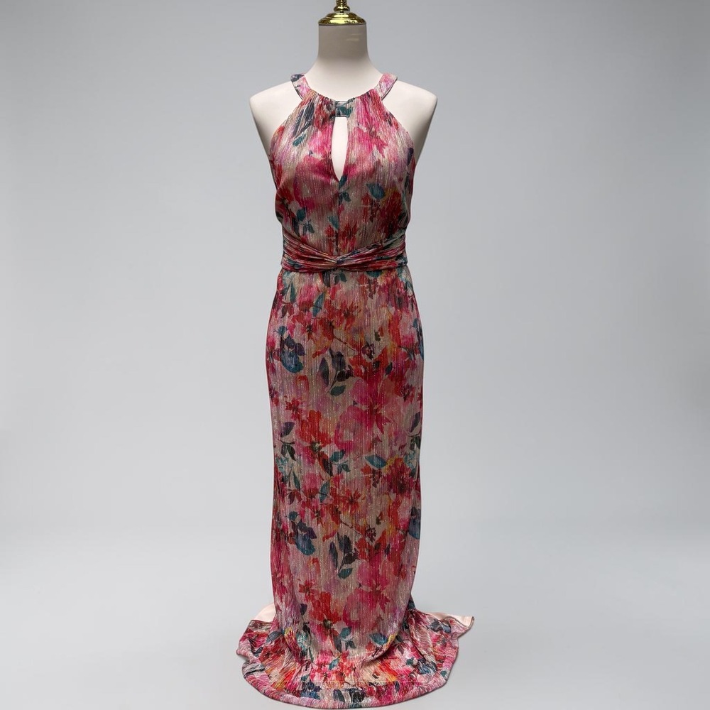 Adrianna Papell Gown 8 Pink Floral Metallic Halter Keyhole Maxi Dress Watercolor